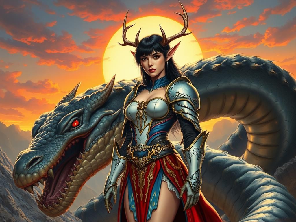 Fantasy Heroine Battles a Sunset Giant Serpent in Vibrant Je...