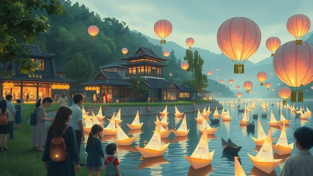 Whimsical Town Festival with Floating Paper Boats and Mythic...