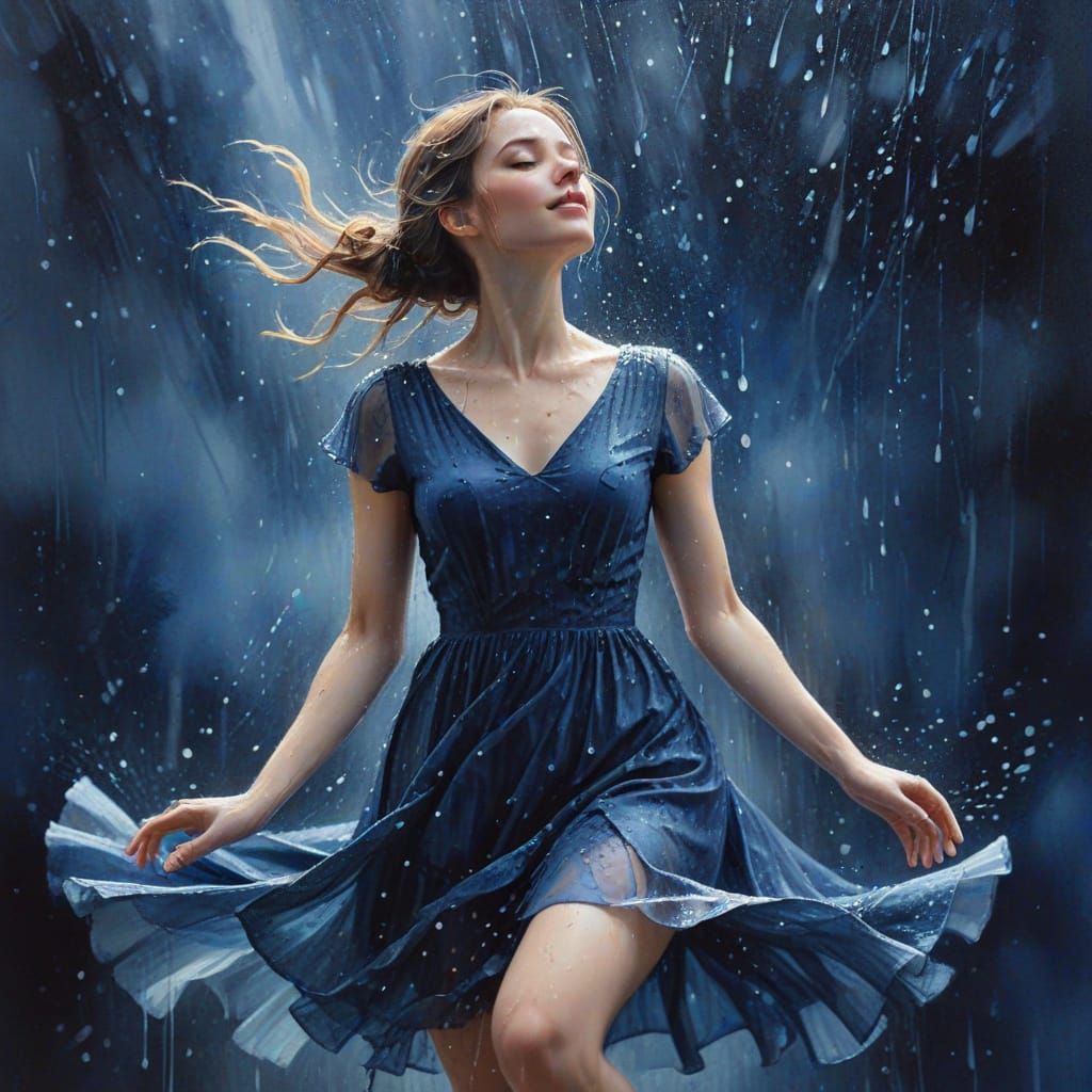 Elegant Woman Dancing in Rain, Watercolor Illustration