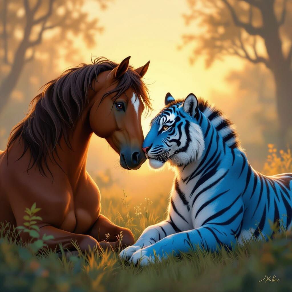 Hybrid Horse-Zebra Cuddles Blue Tiger Humanoid at Sunset