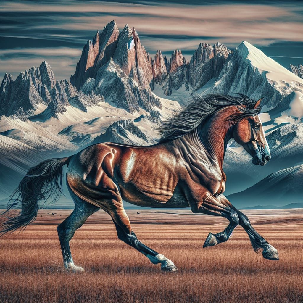 Horse Galloping Across Plains with Snow-Capped Mountains