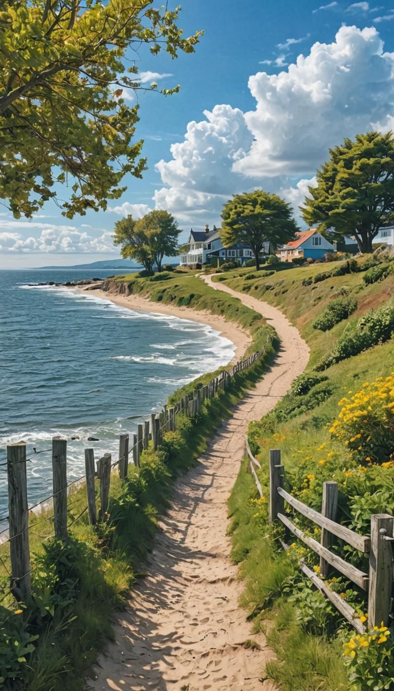 Seashore Path to Distant House: A Tranquil Coastal View