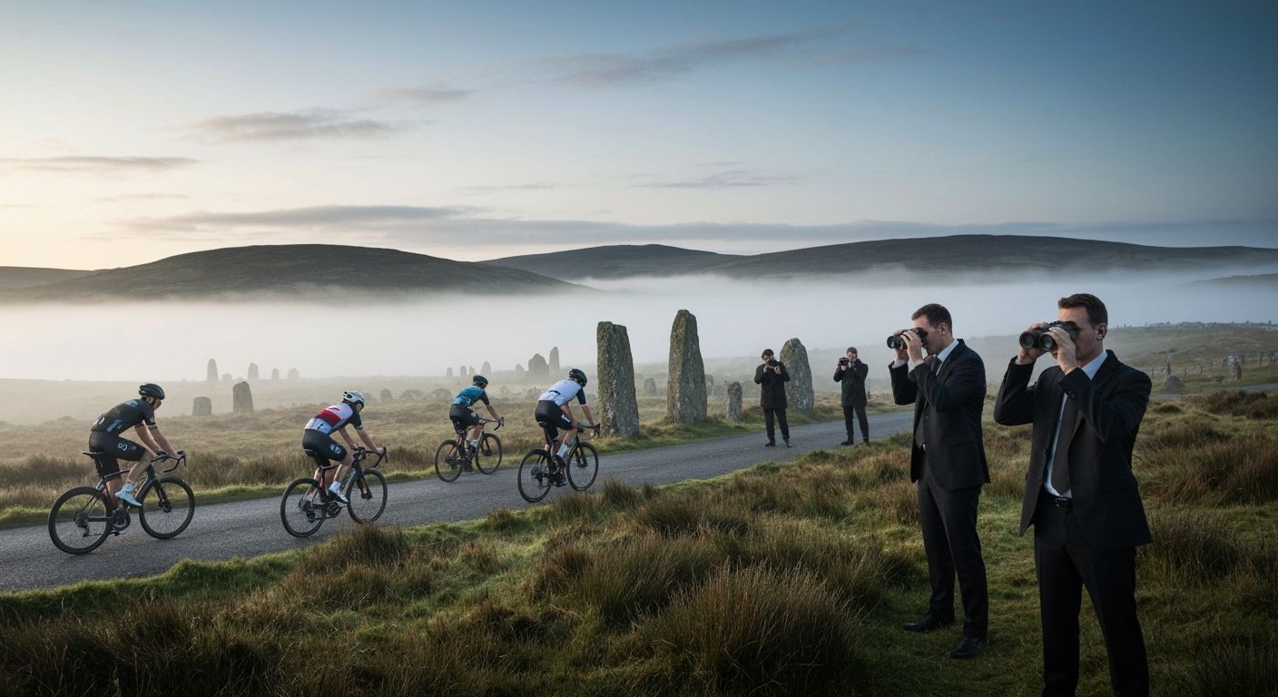 Cyclists in Celtic Dawn Landscape with Mysterious Observers