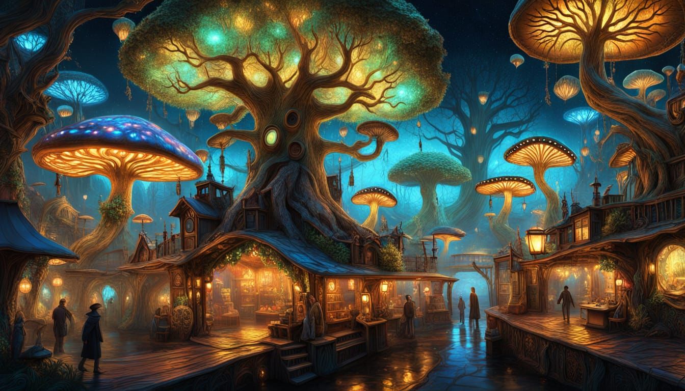 Whimsical Steampunk Market Amidst Bioluminescent Trees