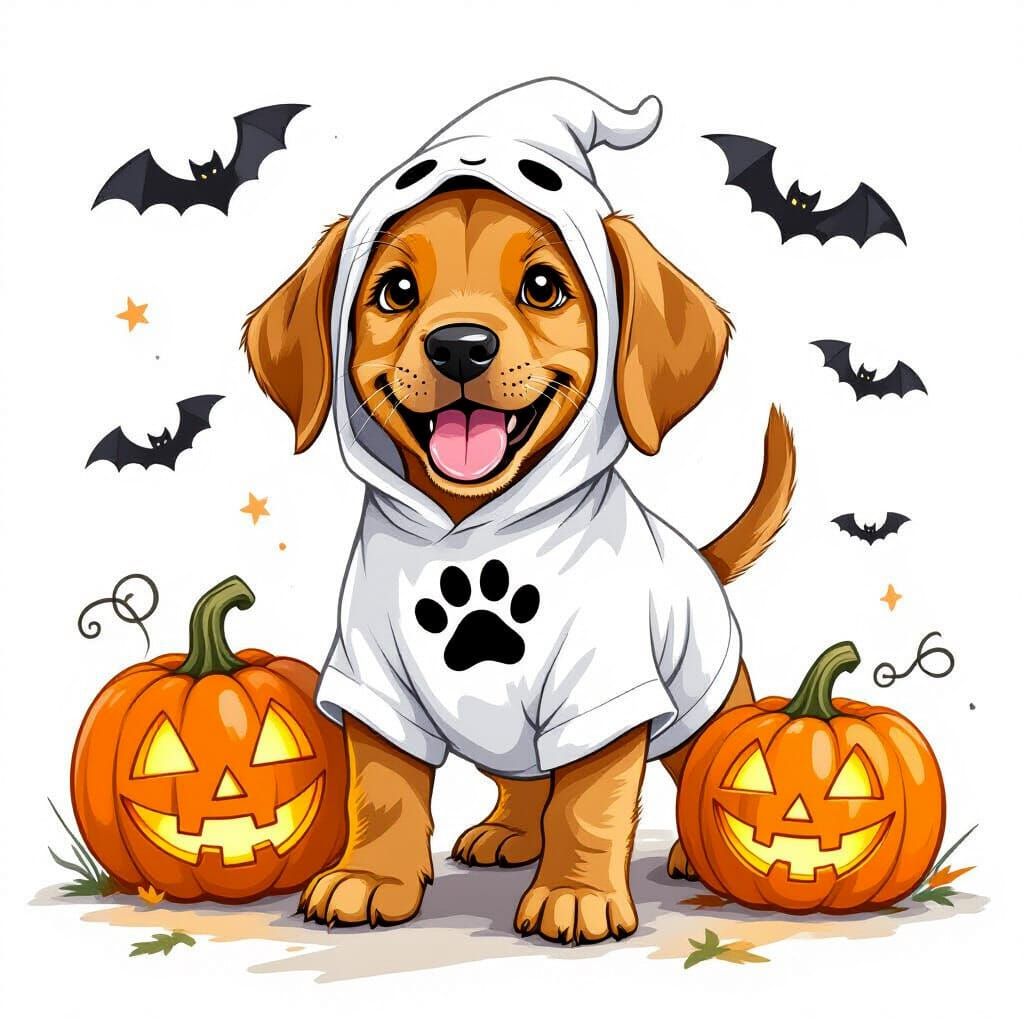 Vizsla Puppy in Ghost Costume: A Halloween Illustration