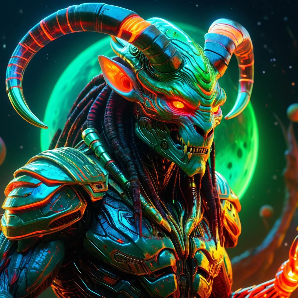 Hyperreal Neon Cryptid Sorcerer Building Fiery Planet