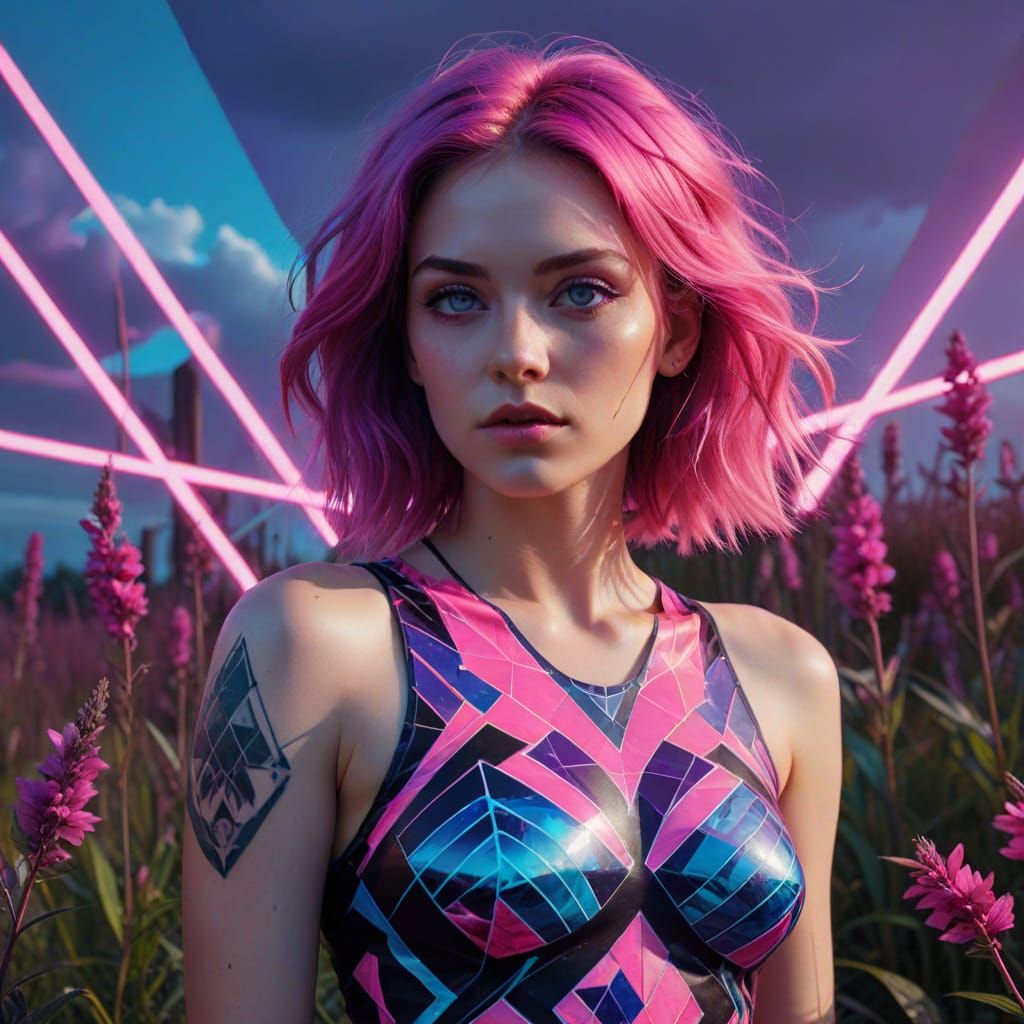 Cyberpunk Woman in Vaporwave Psychedelic Gothic Style