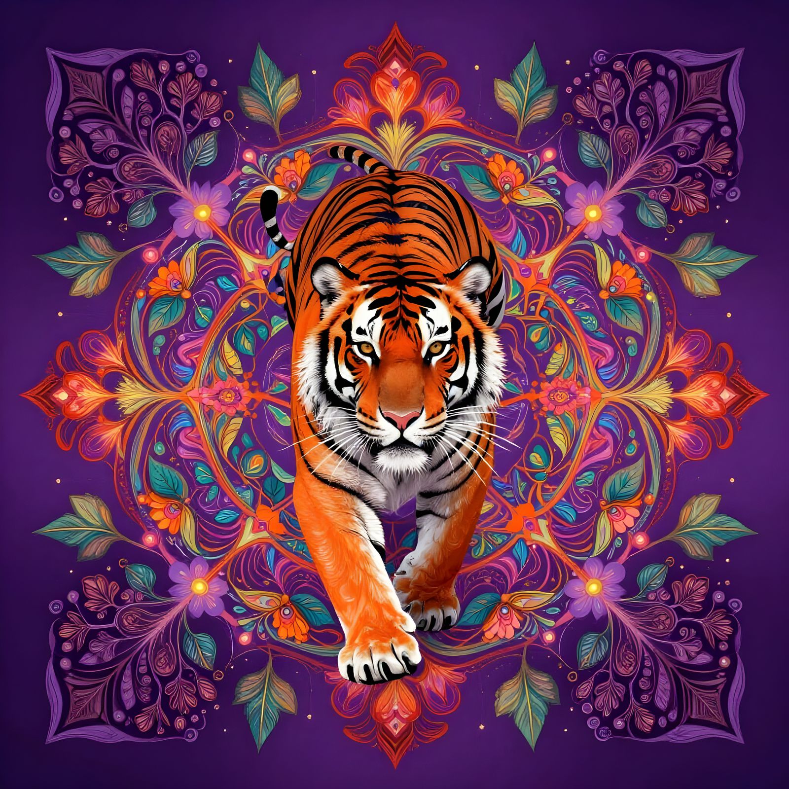 Vibrant Mandala with Tiger, Leaves, and Flowers