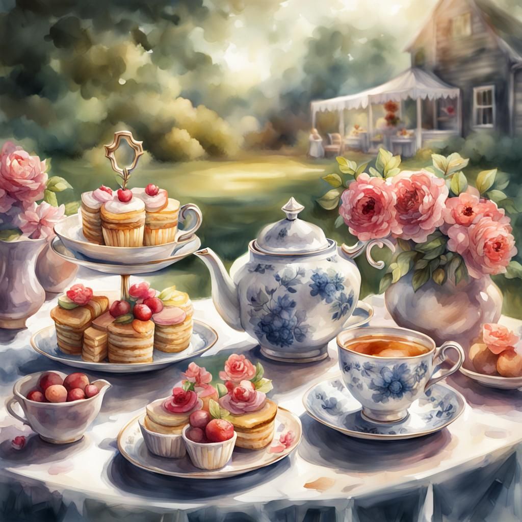 Summer Tea Party: Digital Watercolor Illustration