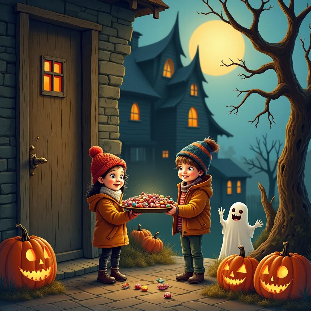 Halloween Treat: Children Offering Candy to Ghosts