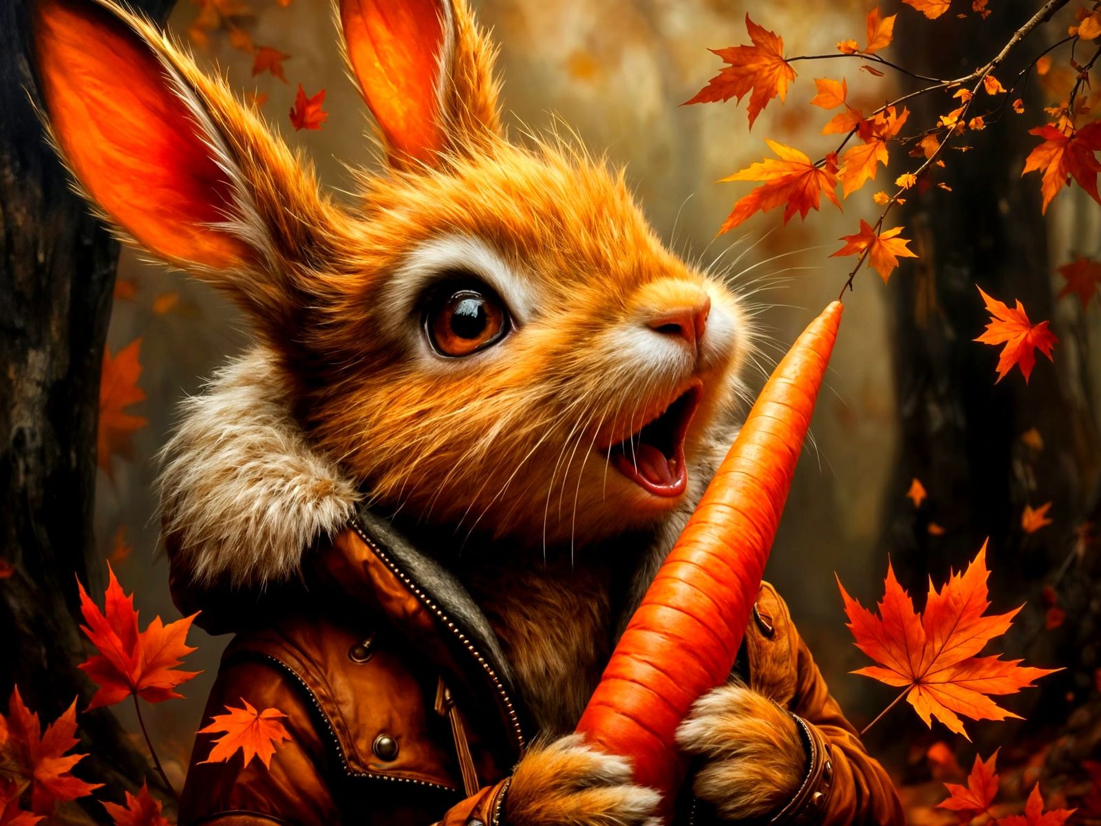 Anthro Bunny in 1970s Style Autumn Forest Oil Painting