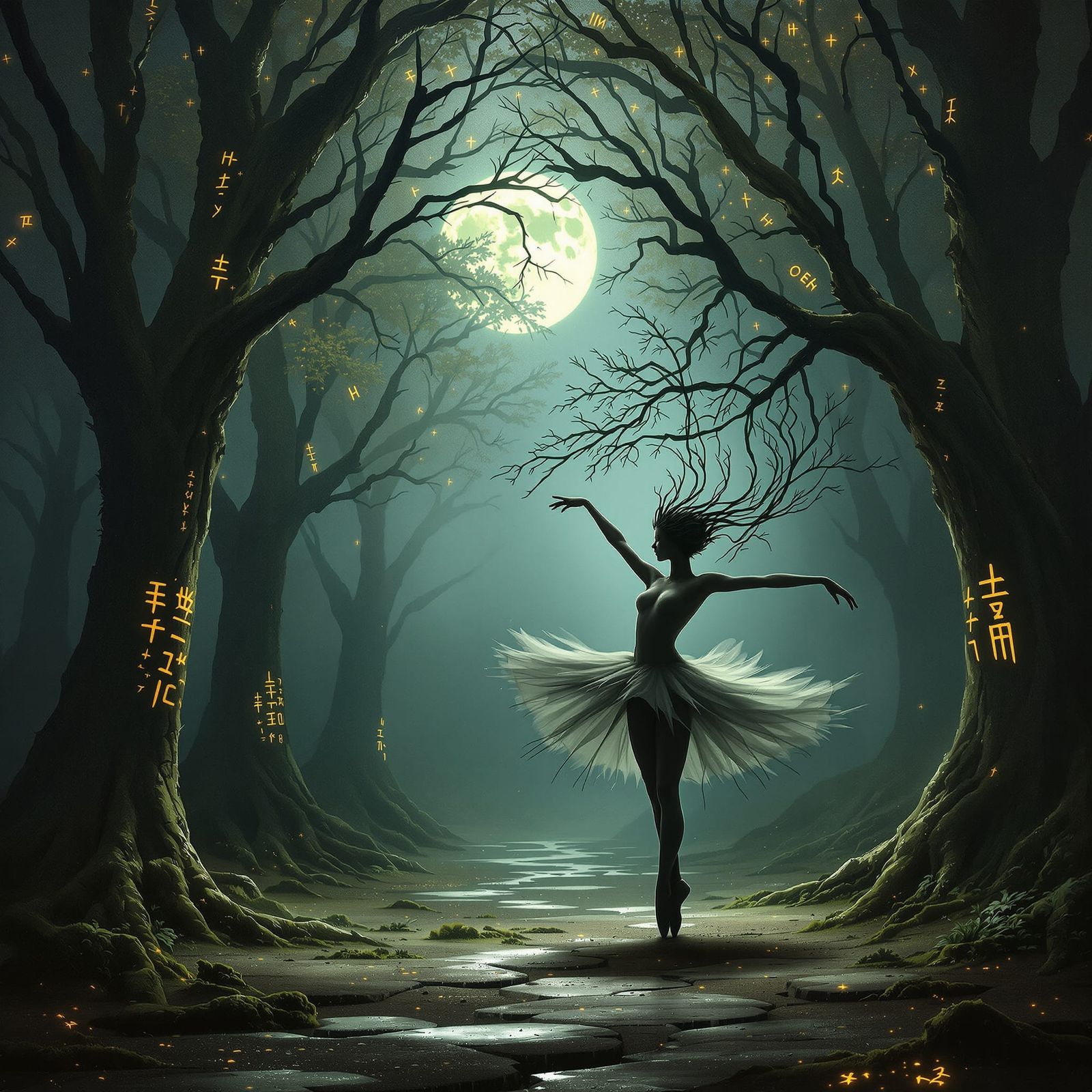 Ballet Dancer With Root Hair in Mystical Forest