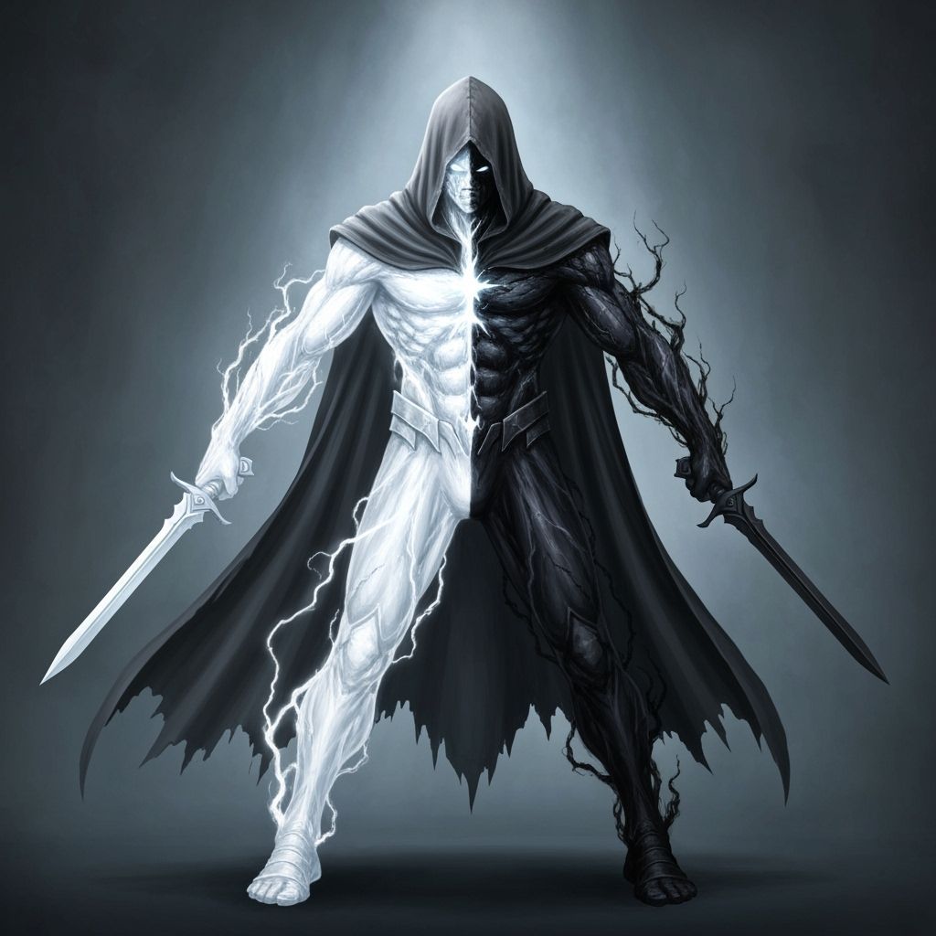 Cloaked Figure Wields Daggers, Energy Body in Conflict