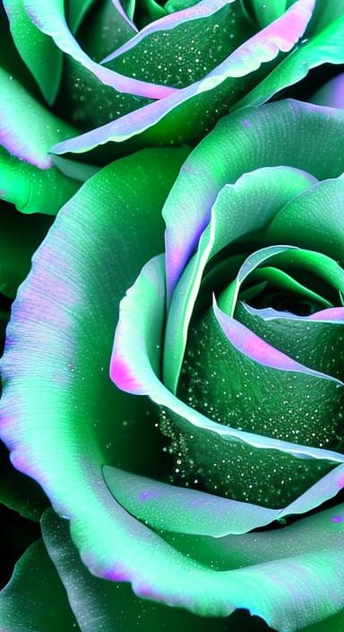 Iridescent Emerald Roses with Sparkling Dew, Hyperrealistic