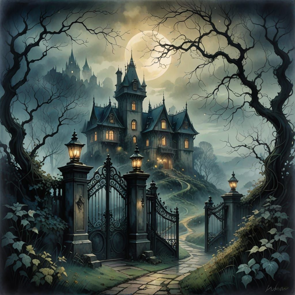 Ethereal Manor Dreamscape in Watercolor