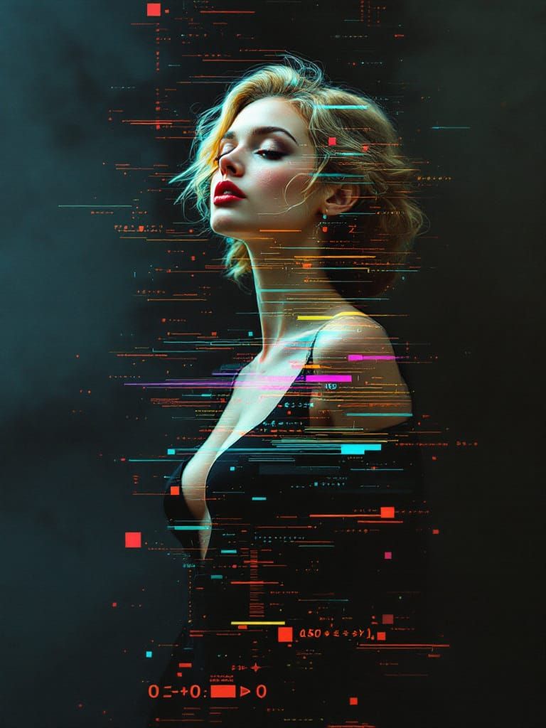Glitch Art Pin-Up: Digital Heart in Tonalist Style