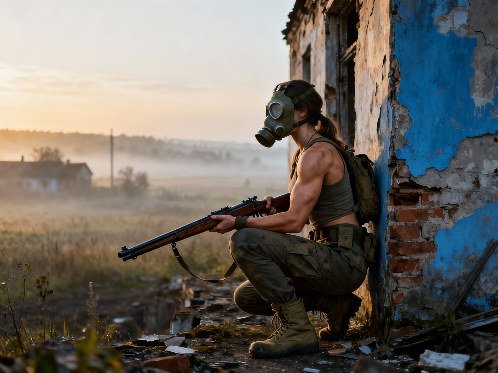 Muscular Woman in Gas Mask with Rifle in Misty Morning