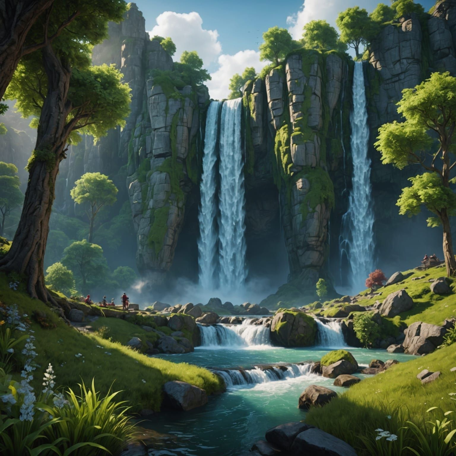 Family Picnic by Waterfall: Detailed Matte Painting