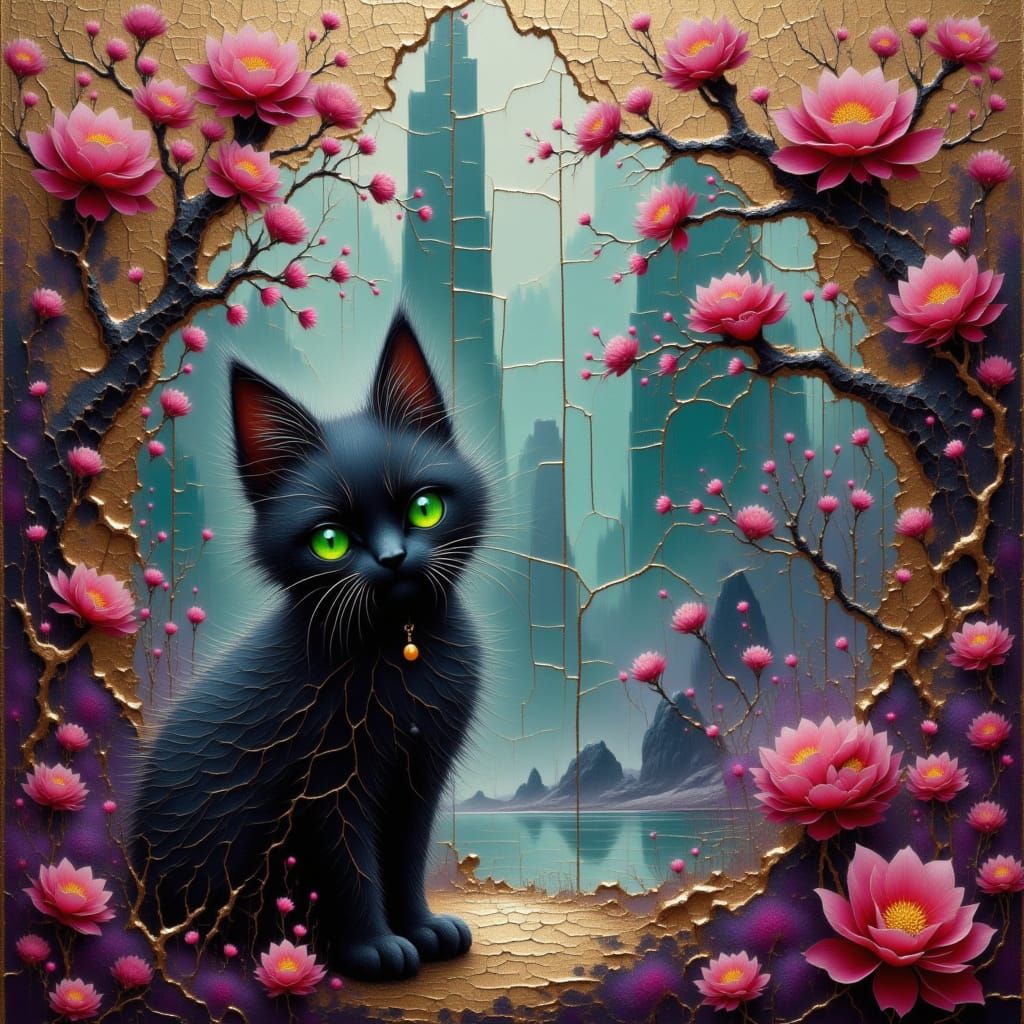 Black cat in exotic cyberpunk city