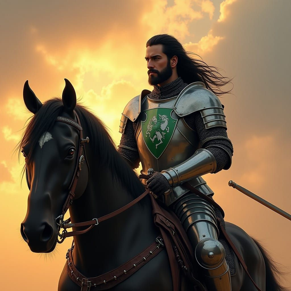 Heroic Knight in Ancient Armor Rides Destrier Under Sunset