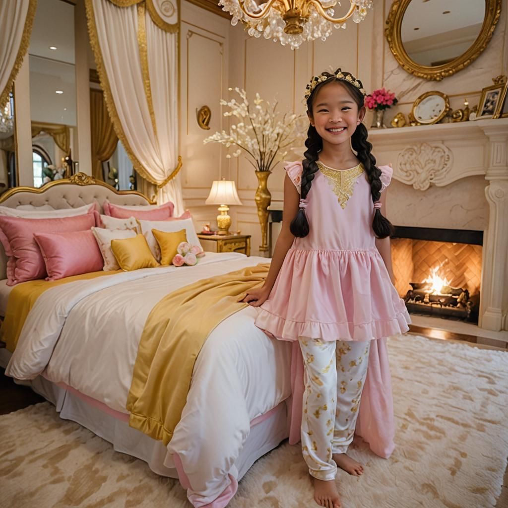 Thai Girl in Luxurious Pink Bedroom, Detailed Matte Painting