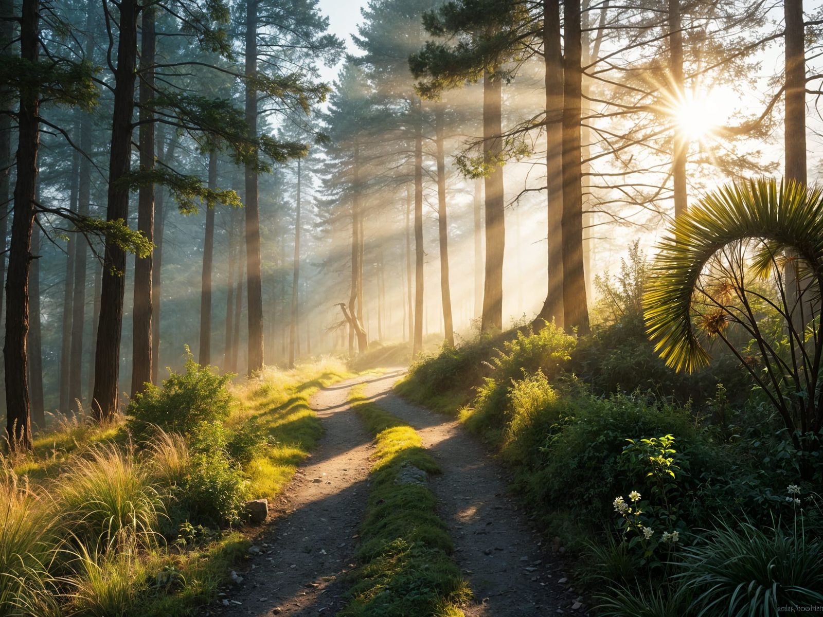 Sunlit Forest Path Through Misty Trees