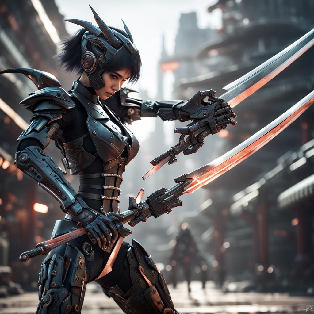 The Kunoichi-Cyborg slashes the monsters