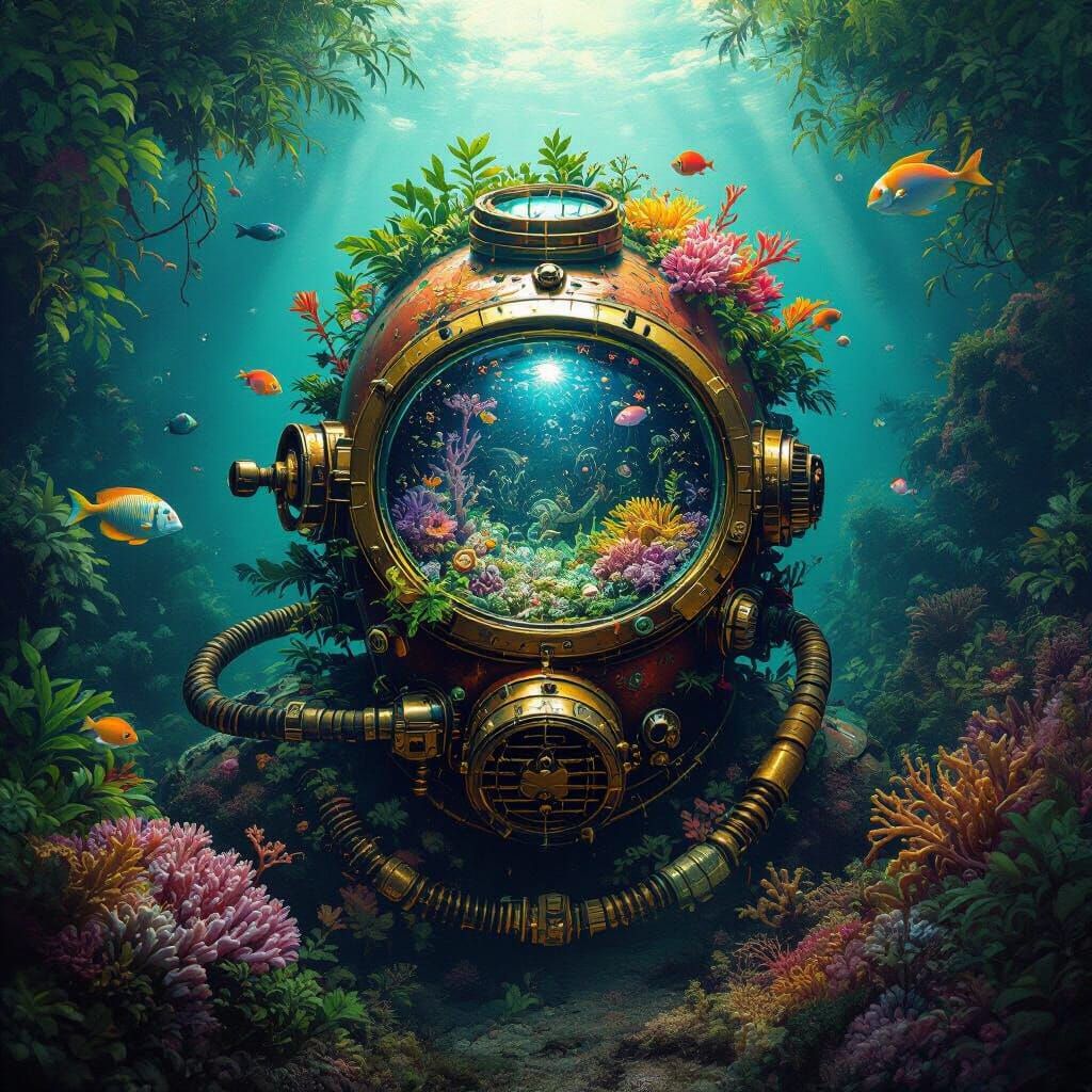 Underwater Jungle Oasis in Diving Helmet