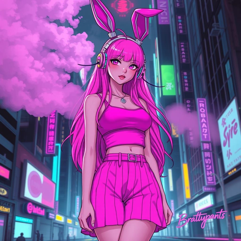 The pink girl in the cyber world is a cyberpunk (full body photo), with beautiful long hair, wearing a pink skirt, pink ...