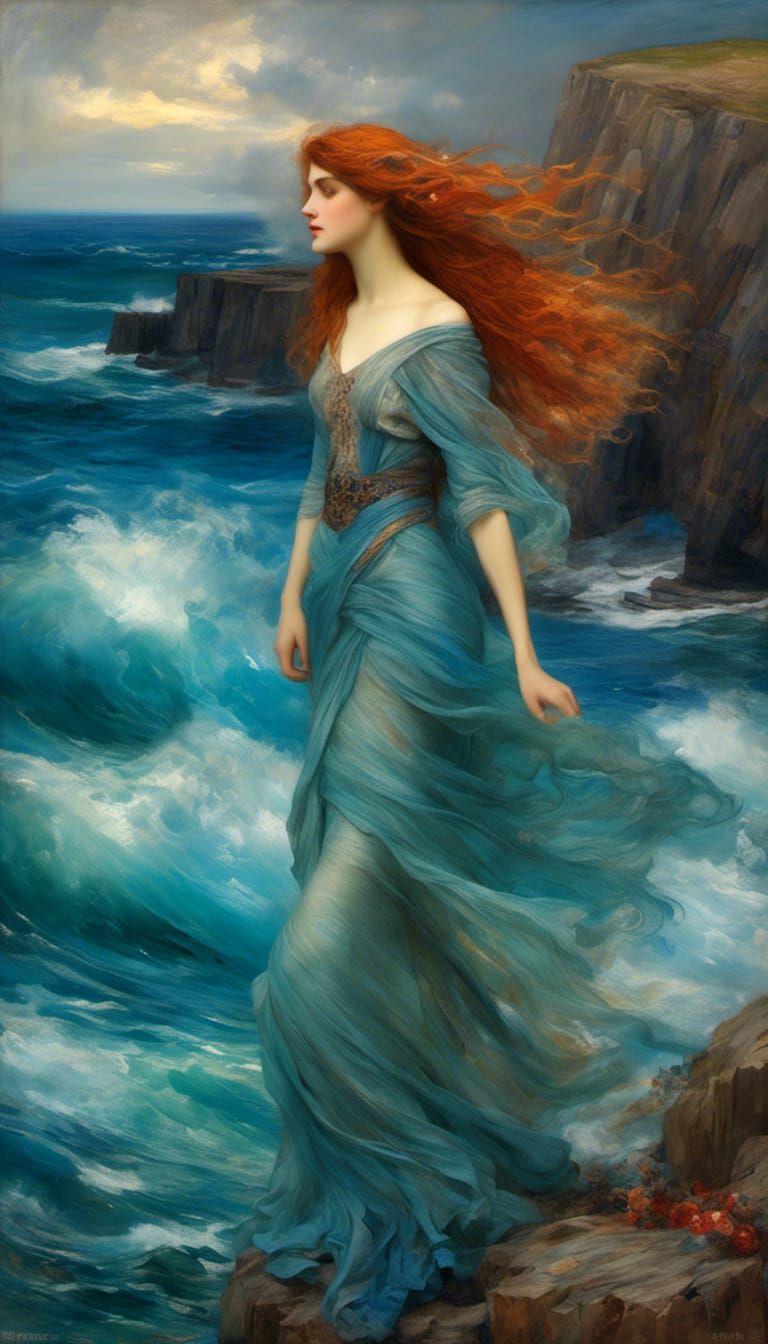 Flame-Haired Maiden Gazing at Sea, Impressionist Style