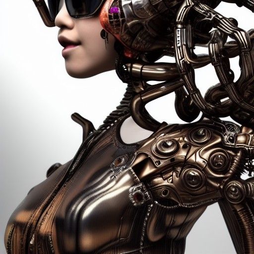 Asian Cyborg Woman in Cyberpunk Biomechanical Sculpture