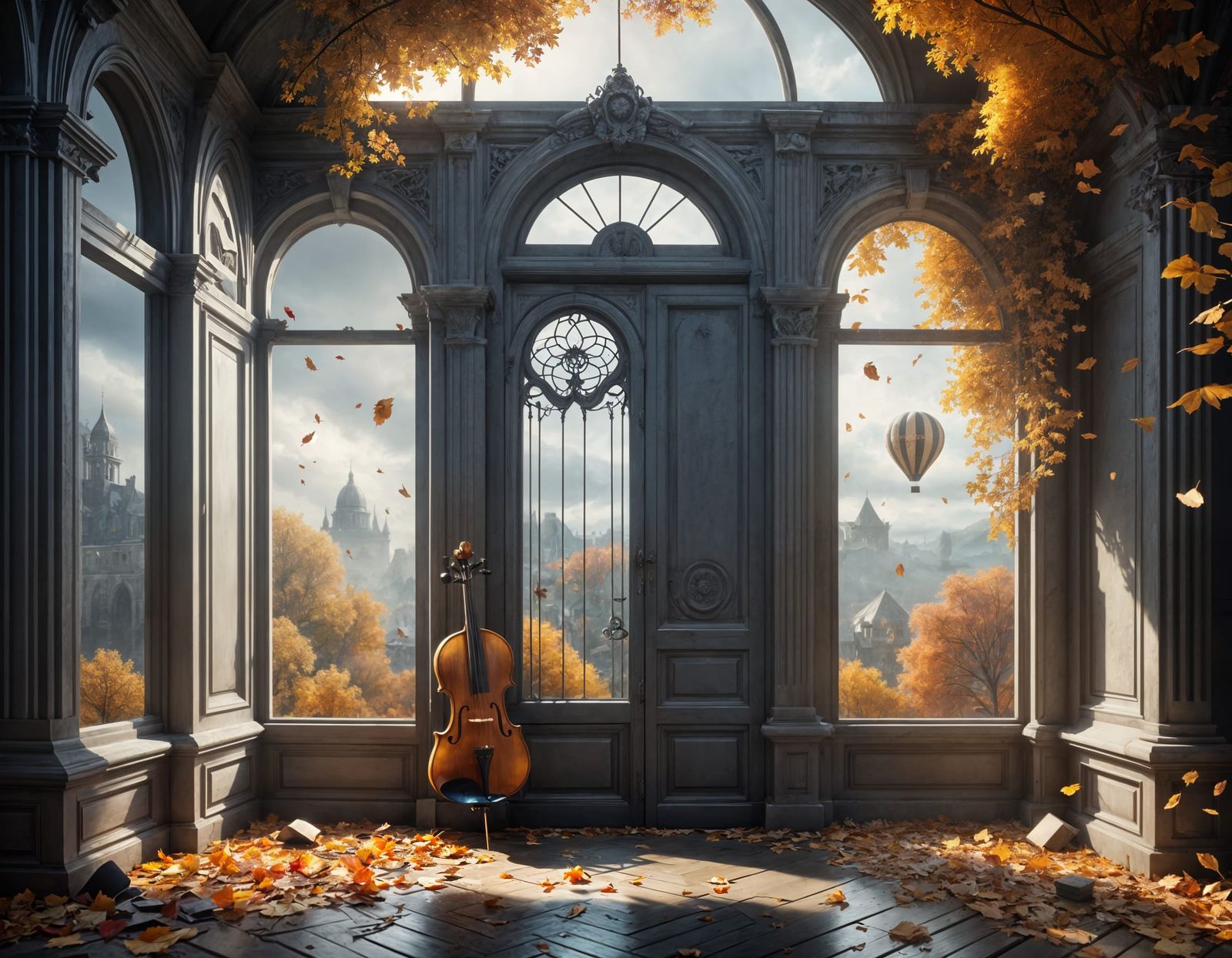 Surreal Autumn Dreamscape with Violin and Flying Doors