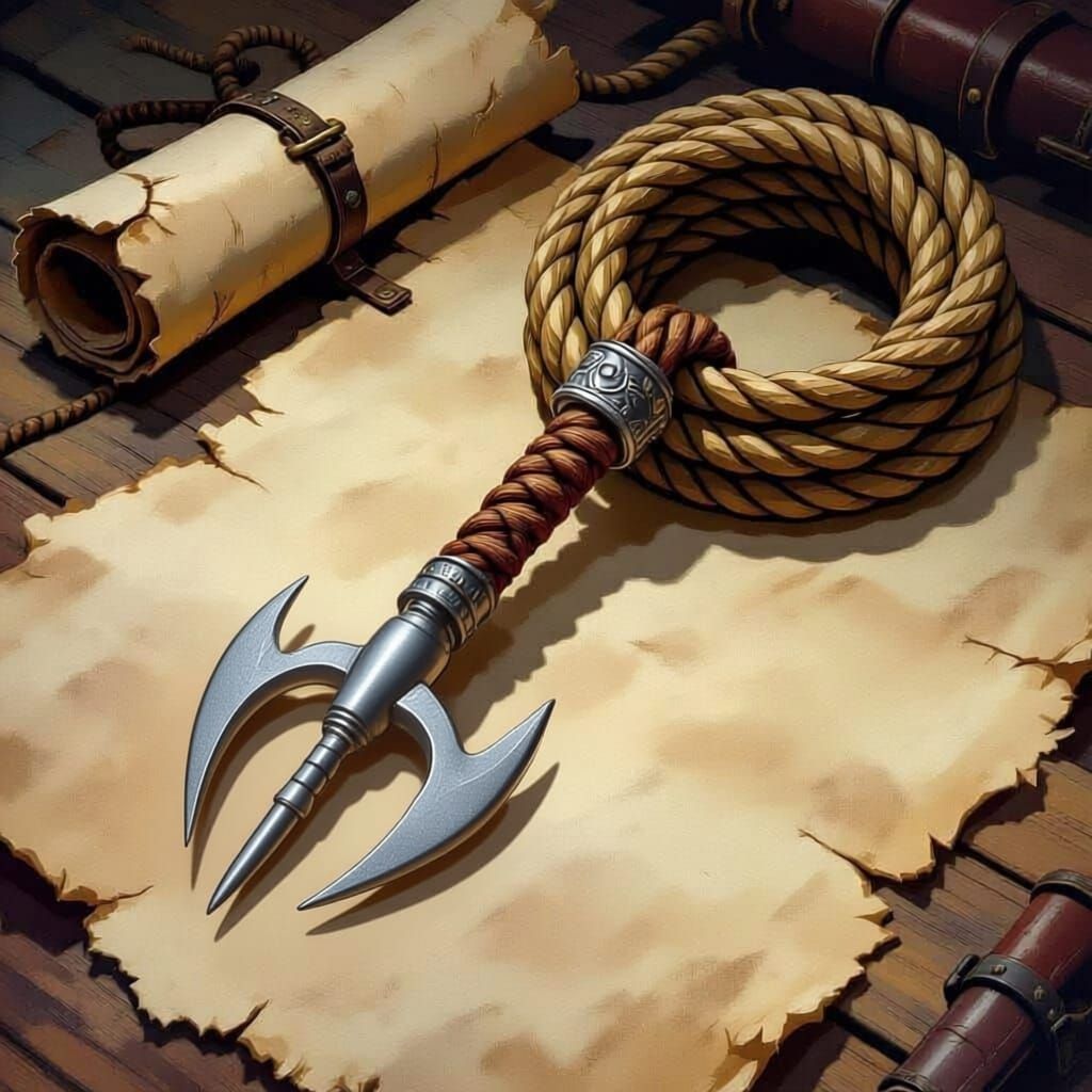 Fantasy concept art of a grappling hook and rope in a dnd pa...