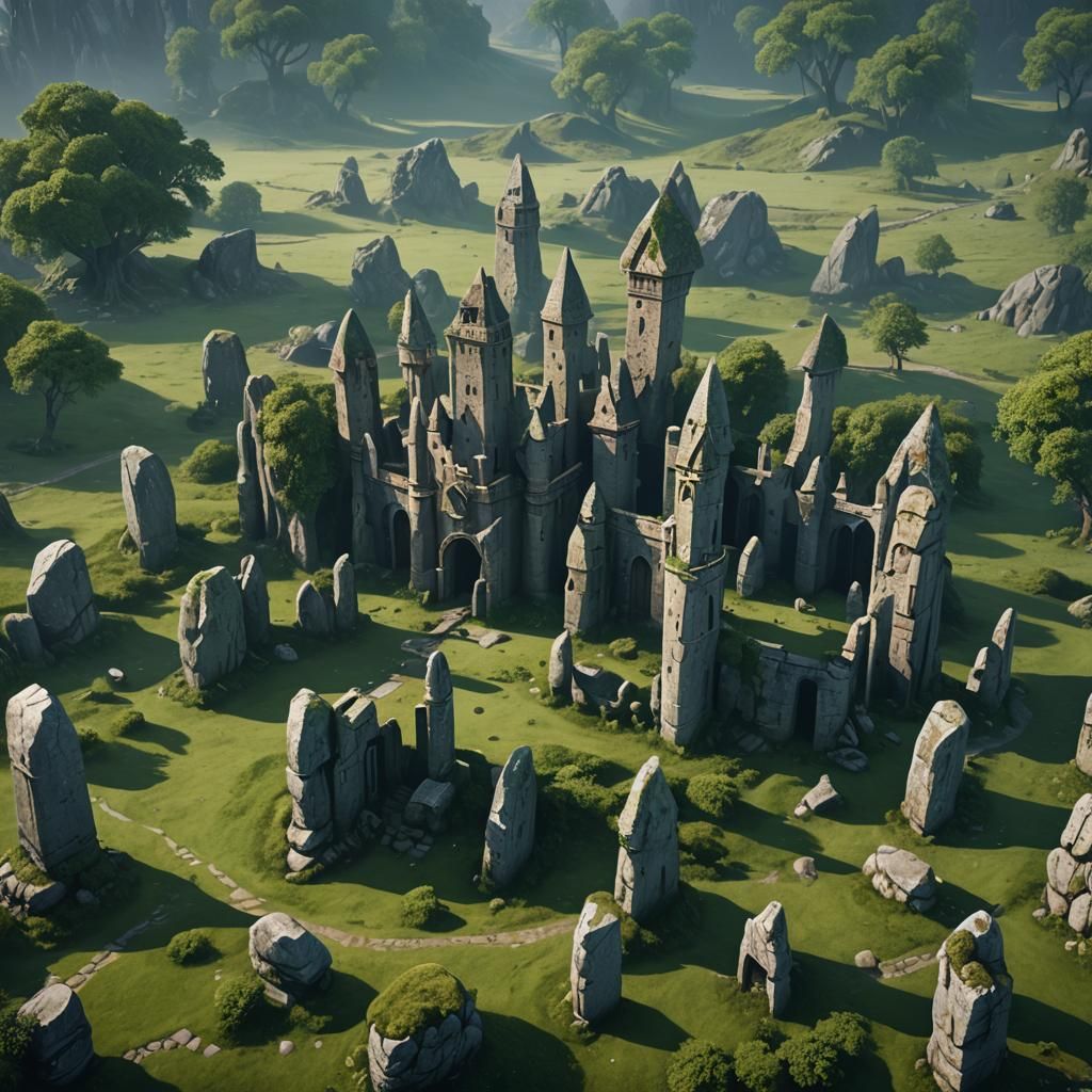Mysterious Castle Landscape with Standing Stones
