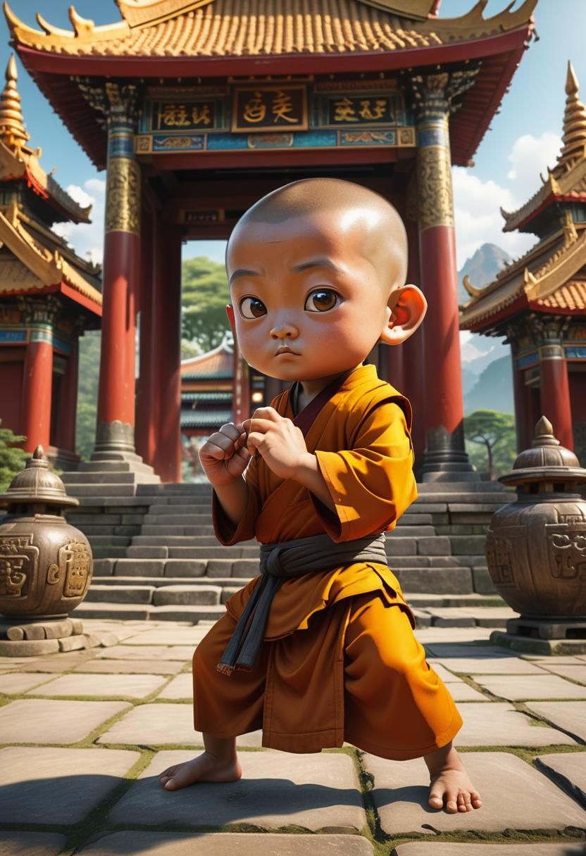 The little monk is practicing martial arts.