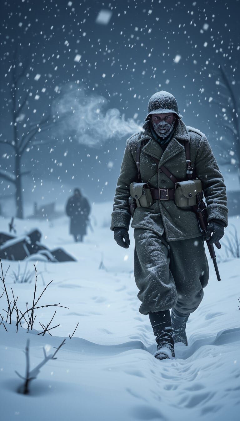 WW2 Soldier in Snowstorm, Hyperrealistic Concept Art