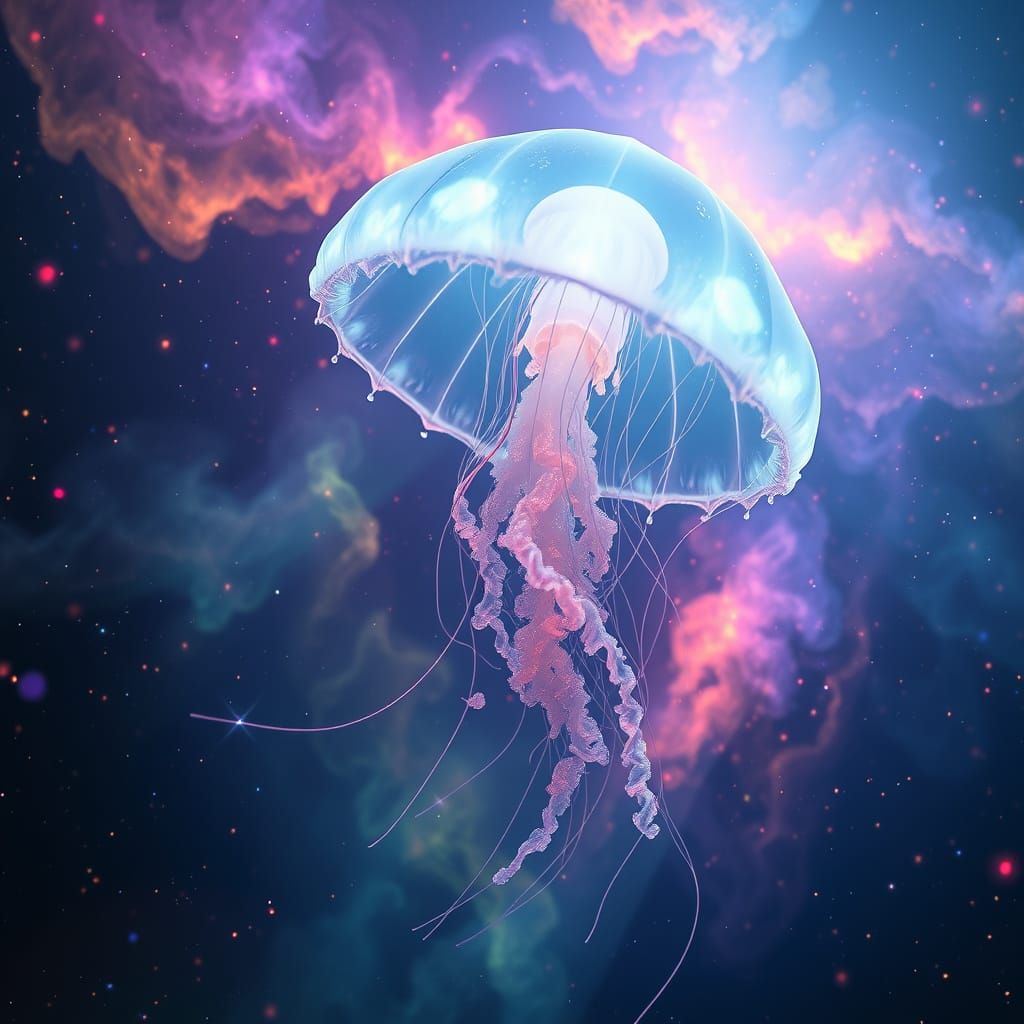 Bioluminescent Jellyfish Drifting Through Cosmic Nebula