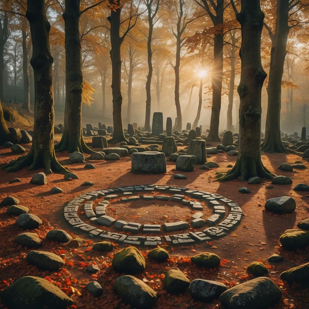Mystical Autumnal Stone Circle in Woodland