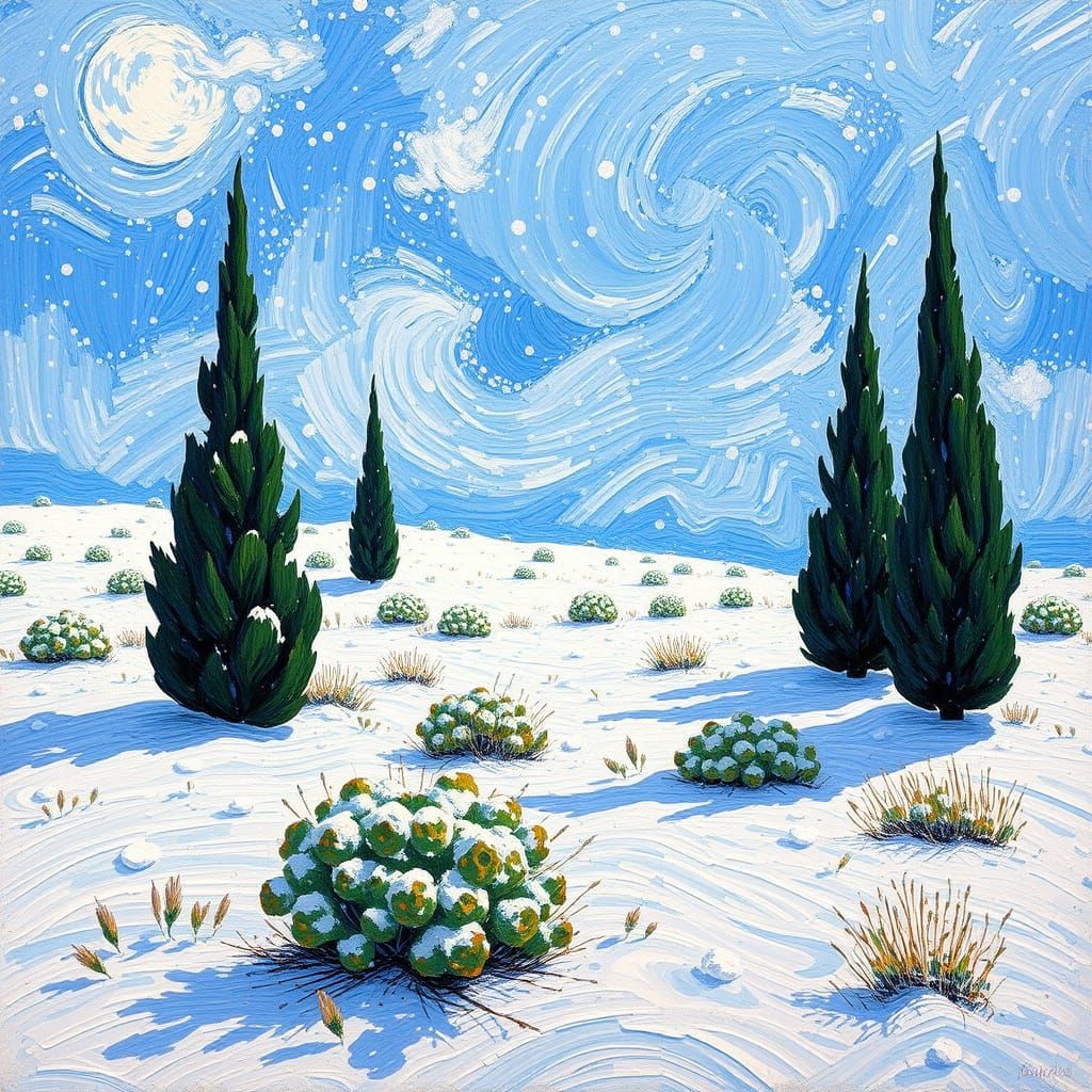 Impressionist Cypress Trees in a Snowy Landscape