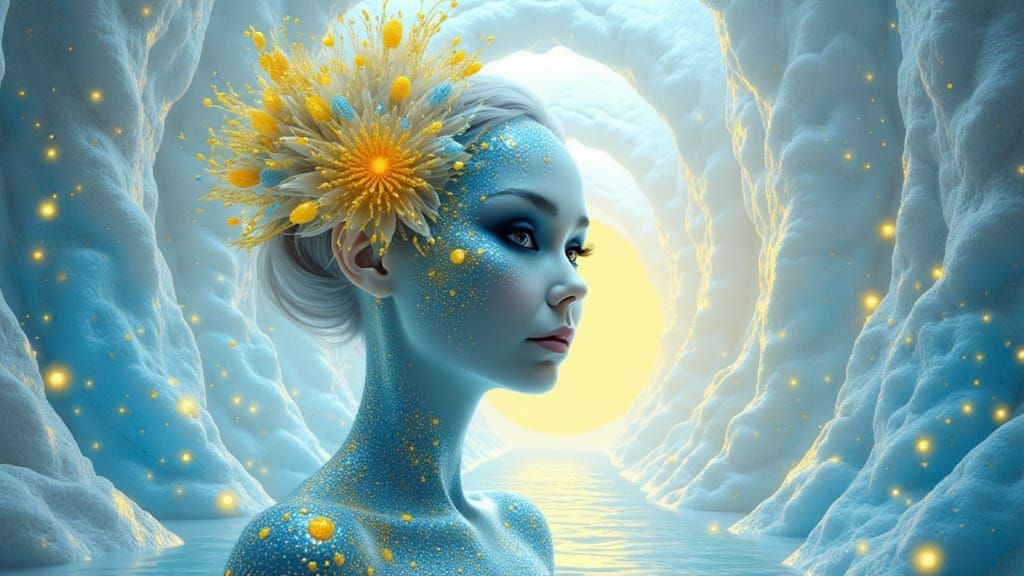 Bioluminescent Alien Figure in Futuristic City