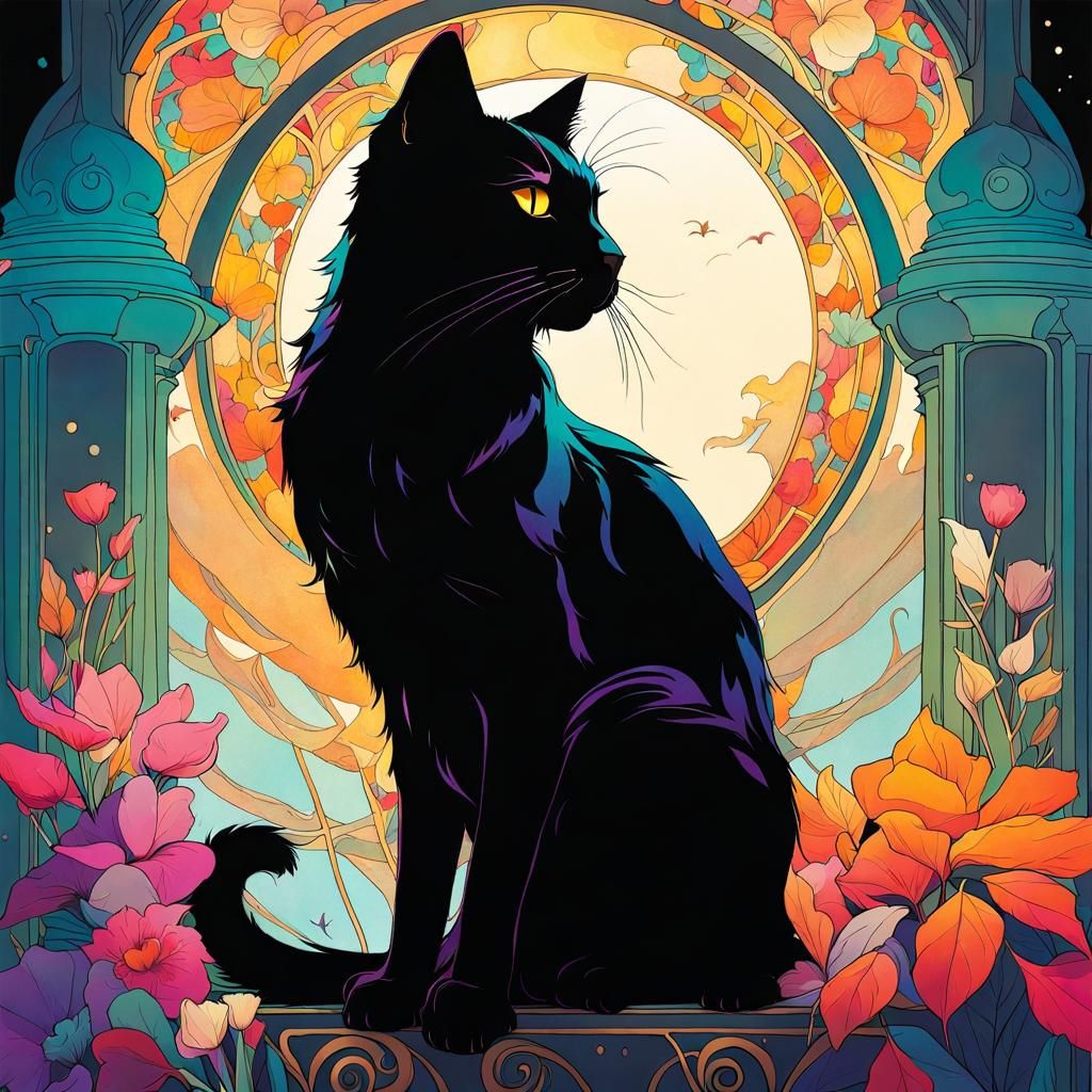 Colorful Black Cat Art Nouveau Illustration