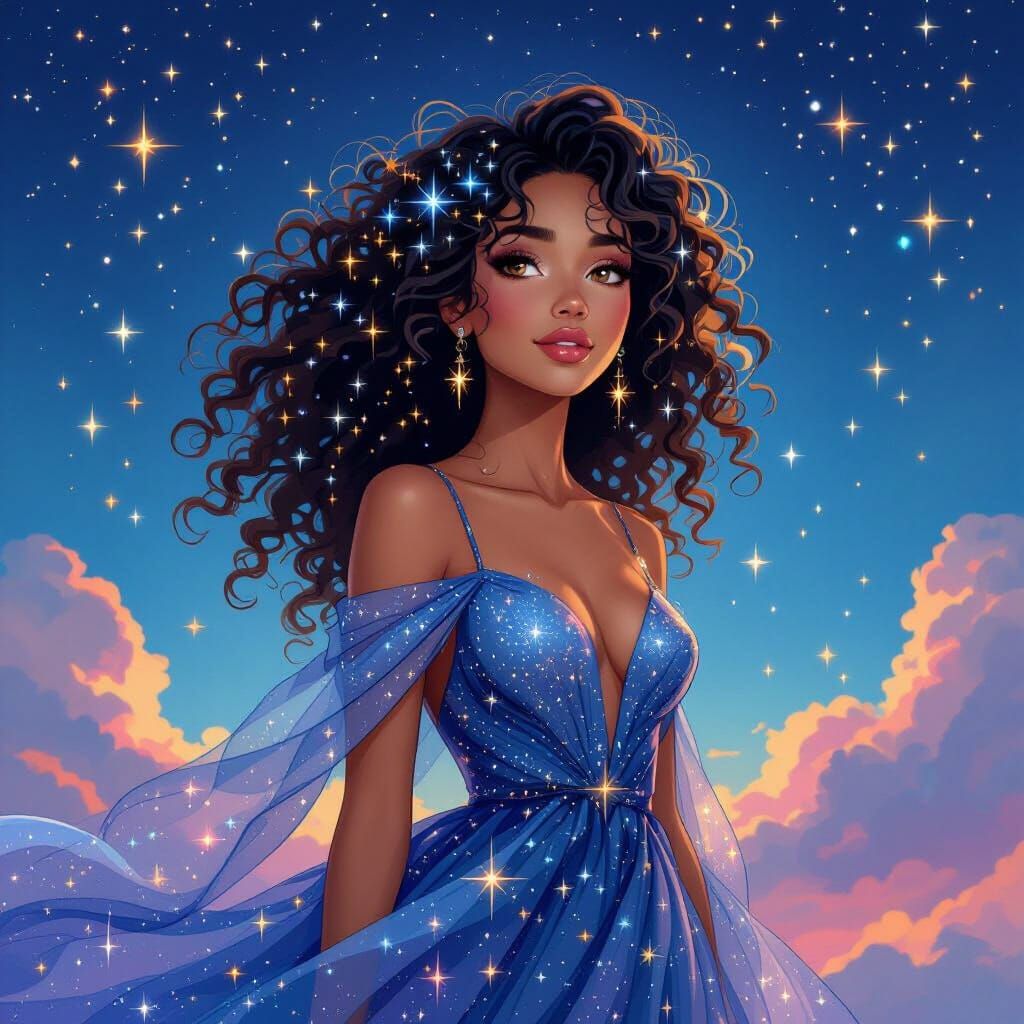 Gemini Woman Adorned with Stars in Celestial Gown