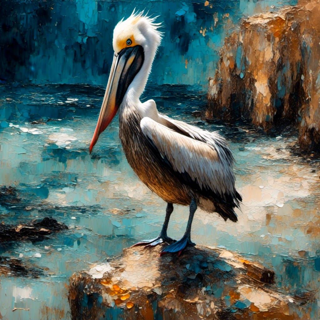 Pelican on Rocky Coast in Impressionist Oil Painting