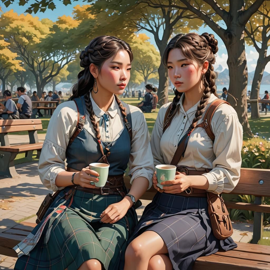 Korean Woman Sipping Tea: Detailed Digital Portrait