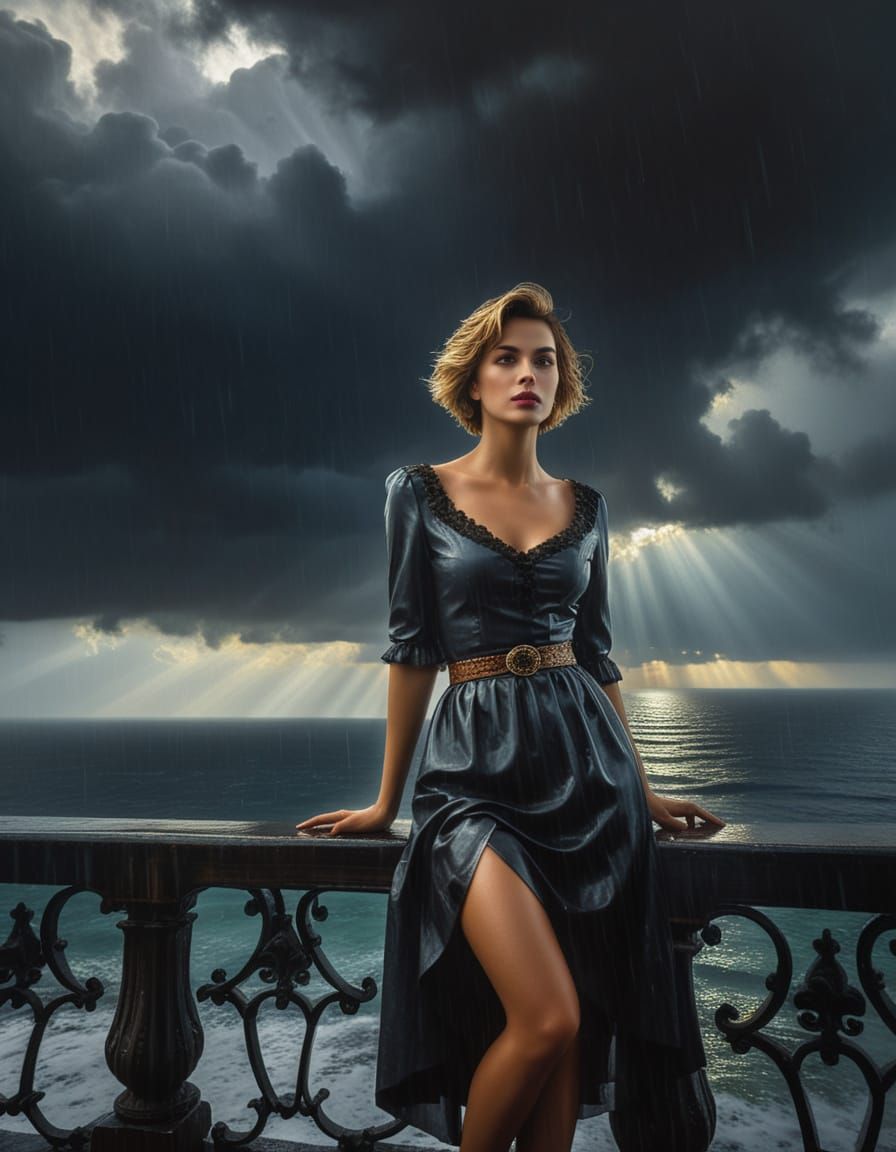 Woman Seated on Cafe Rail, Shrouded in Morning Fog