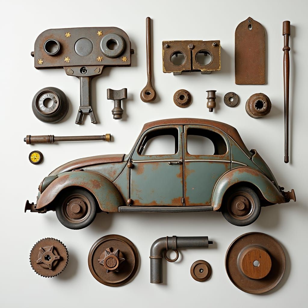Vintage Car Parts Still Life on White Canvas