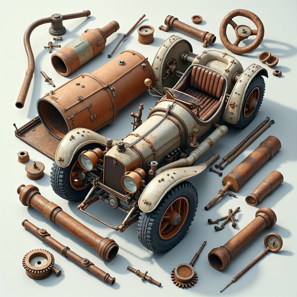 Vintage Car Parts Still Life in Retro-Futurist Style