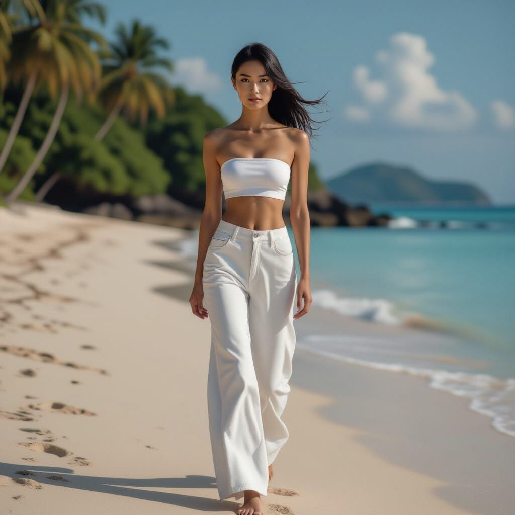 Serene Beach Walk: Photorealistic Portrait