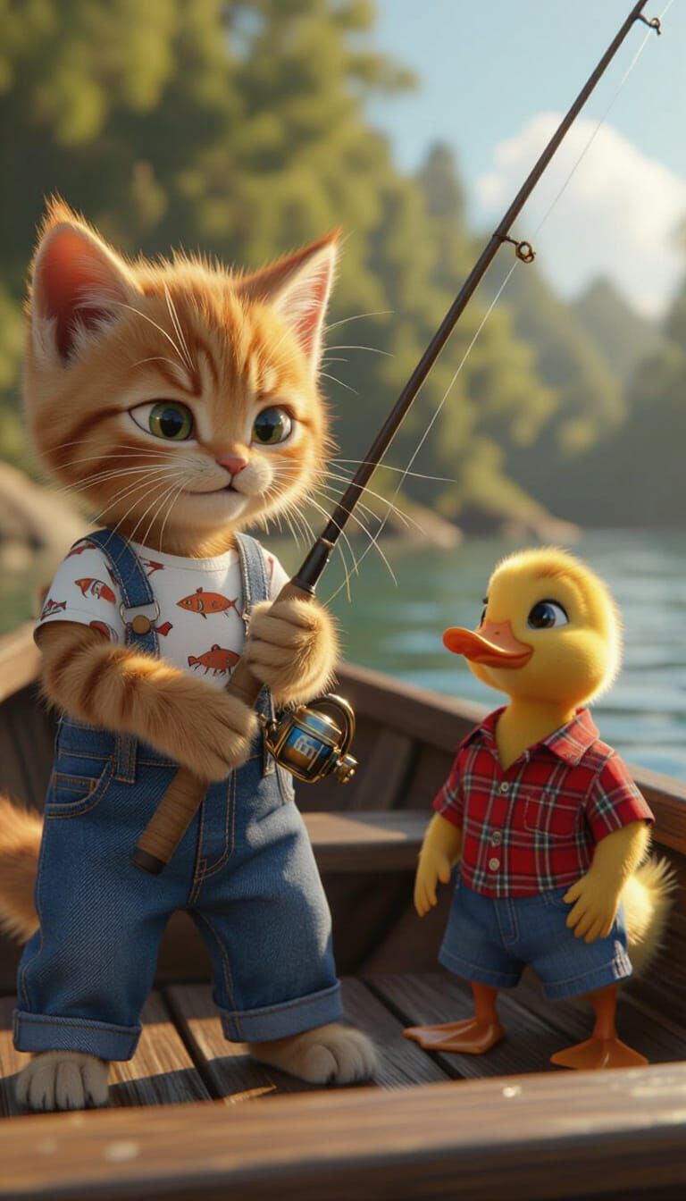 Kitten Angler with Duckling Friend in Cinematic 3D Style