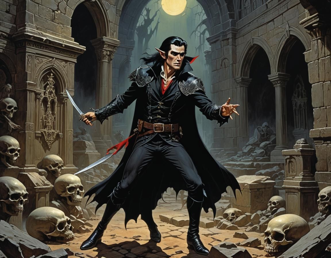 Victorian Vampire Elf Battles Skeleton in Catacombs